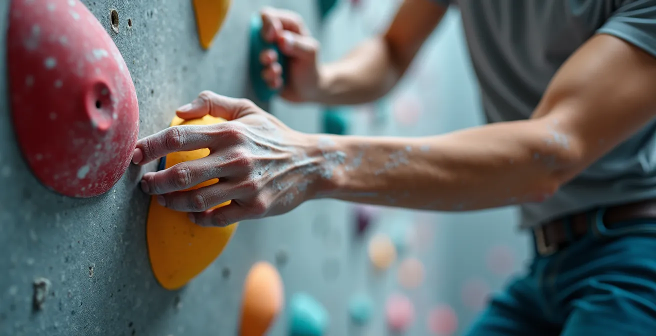 Nahaufnahme von Händen an bunten Klettergriffen in einer deutschen Kletterhalle