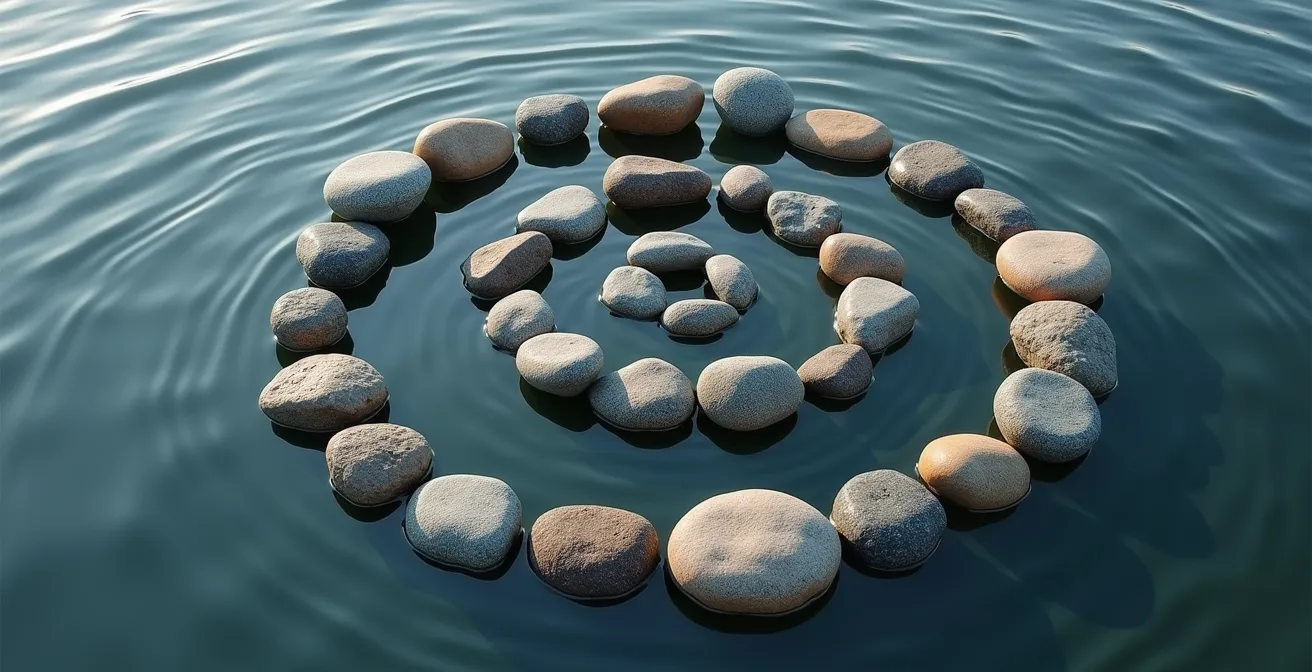 Visualisierung eines persönlichen Netzwerks in konzentrischen Kreisen, dargestellt durch Steine in Wasser