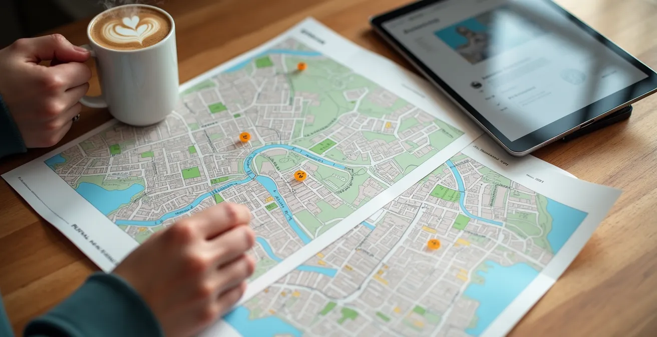 Person studiert lokale Zeitungen und digitale Stadtteilkarten am Küchentisch