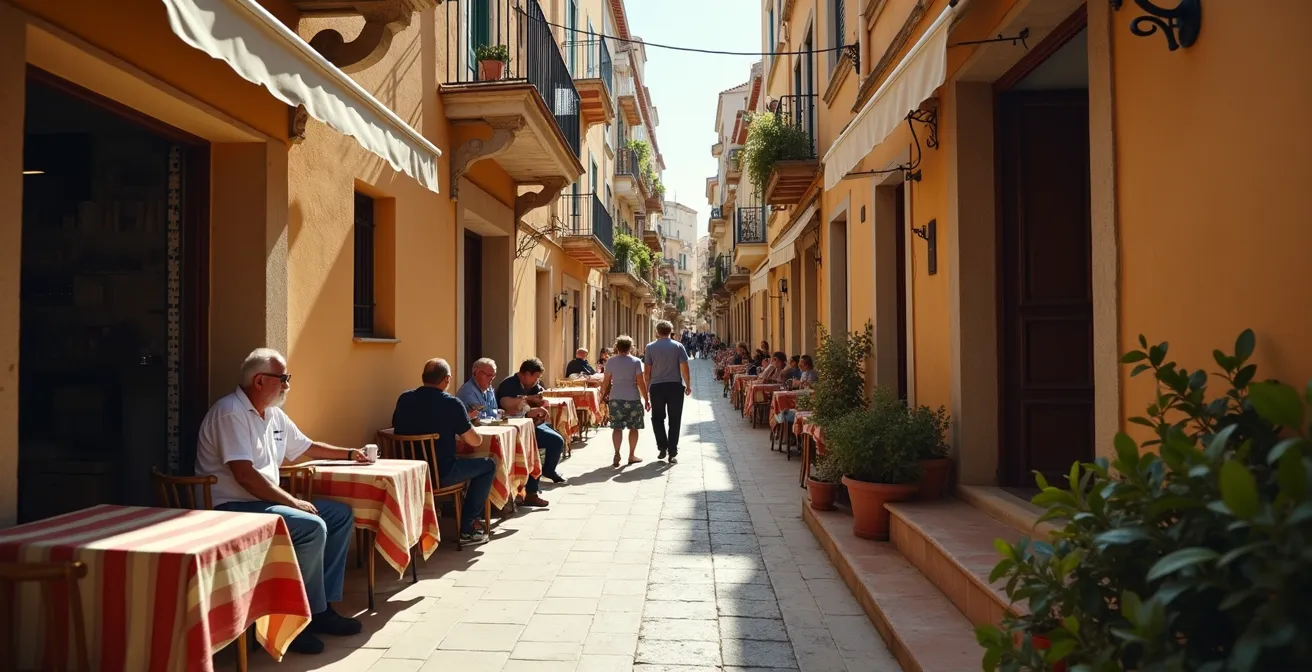 Eine enge, sonnige Gasse in einer mediterranen Stadt mit kleinen Geschäften und Einheimischen, die von Touristen entdeckt wird.