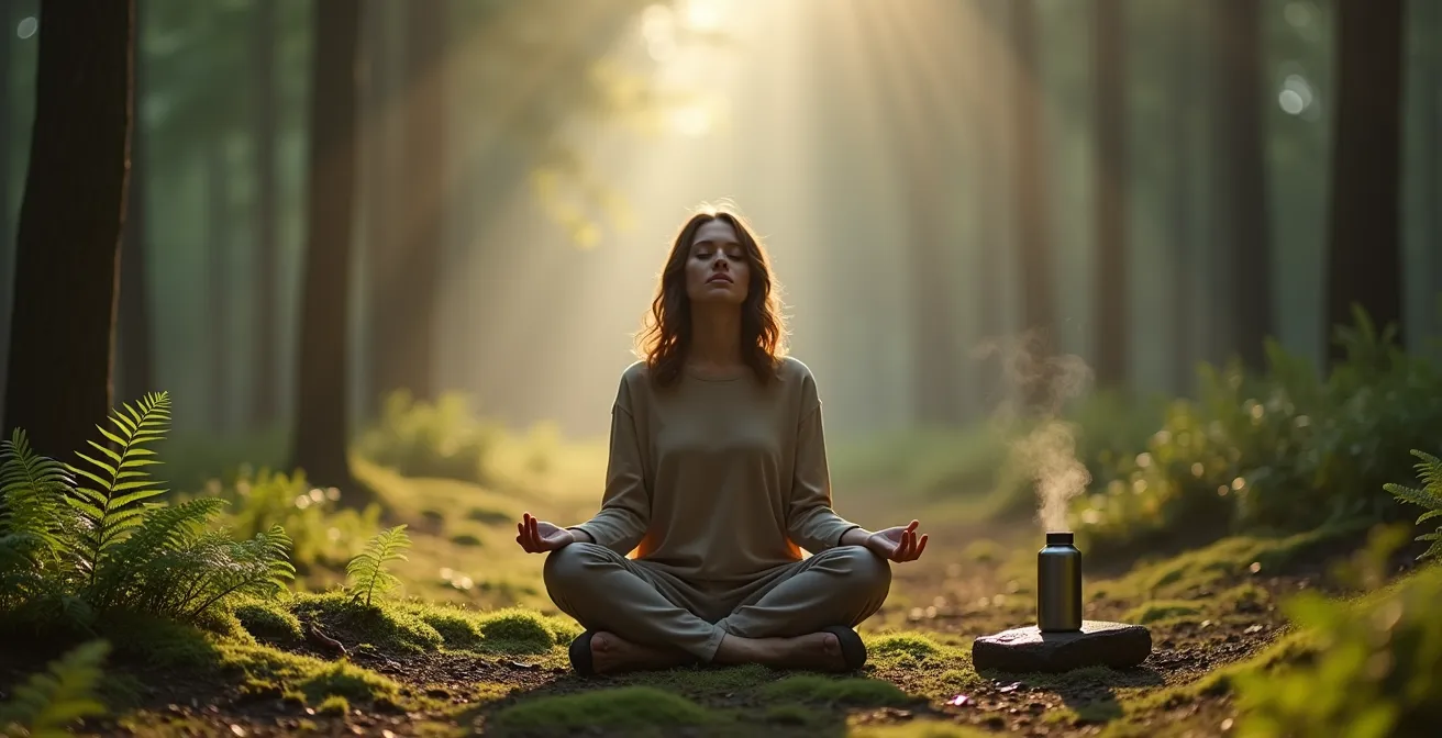 Person meditiert in ruhiger deutscher Waldlandschaft beim Sonnenaufgang