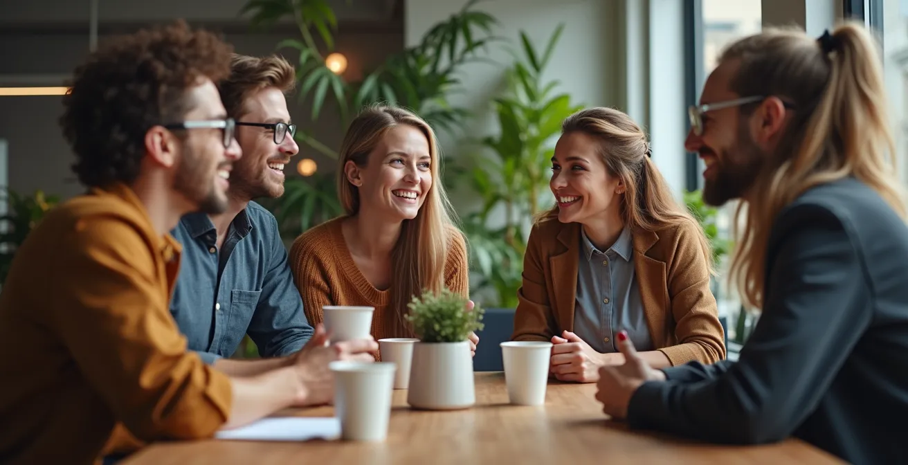 Motiviertes Team in entspannter Arbeitsatmosphäre mit Fokus auf positive Unternehmenskultur