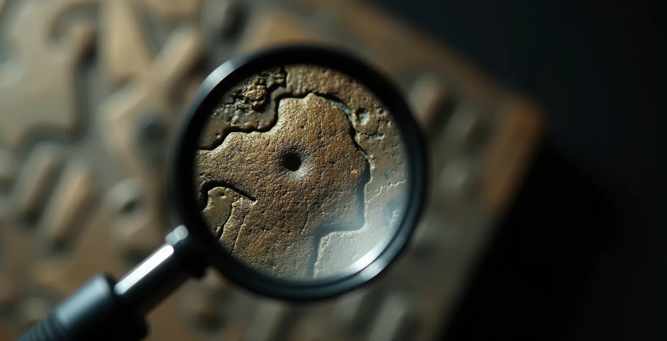 Nahaufnahme einer Hand mit Lupe, die ein Museumsexponat untersucht