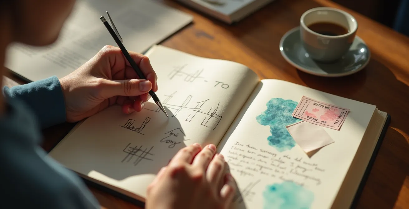 Hände zeichnen und schreiben in einem Notizbuch mit Museumsskizzen