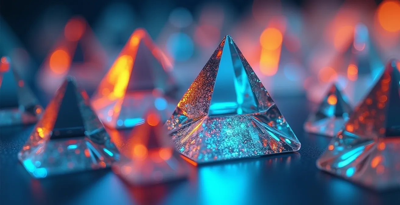 Makroaufnahme von vernetzten Glasprismen, die verschiedene Analyseebenen durch Lichtbrechung darstellen