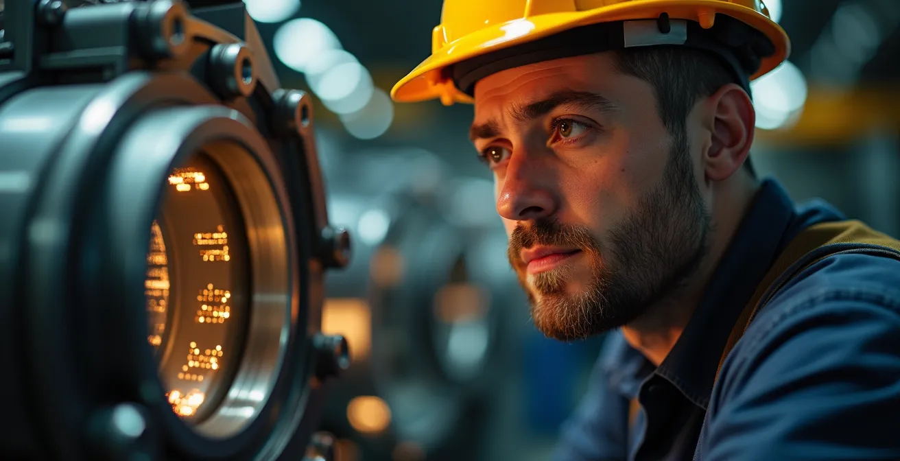 Nahaufnahme eines Maschinenteils mit überlagerten abstrakten Datenmustern, die präventive Wartung symbolisieren