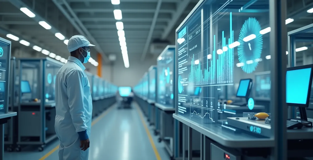 Ingenieur betrachtet prädiktive Wartungsdaten auf transparentem Display in Produktionshalle