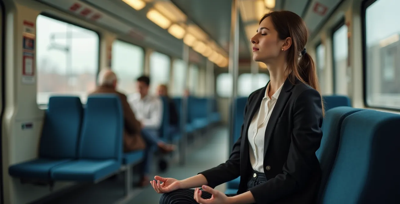 Eine junge Frau praktiziert eine kurze Atemübung mit geschlossenen Augen, während sie in einer deutschen S-Bahn sitzt.