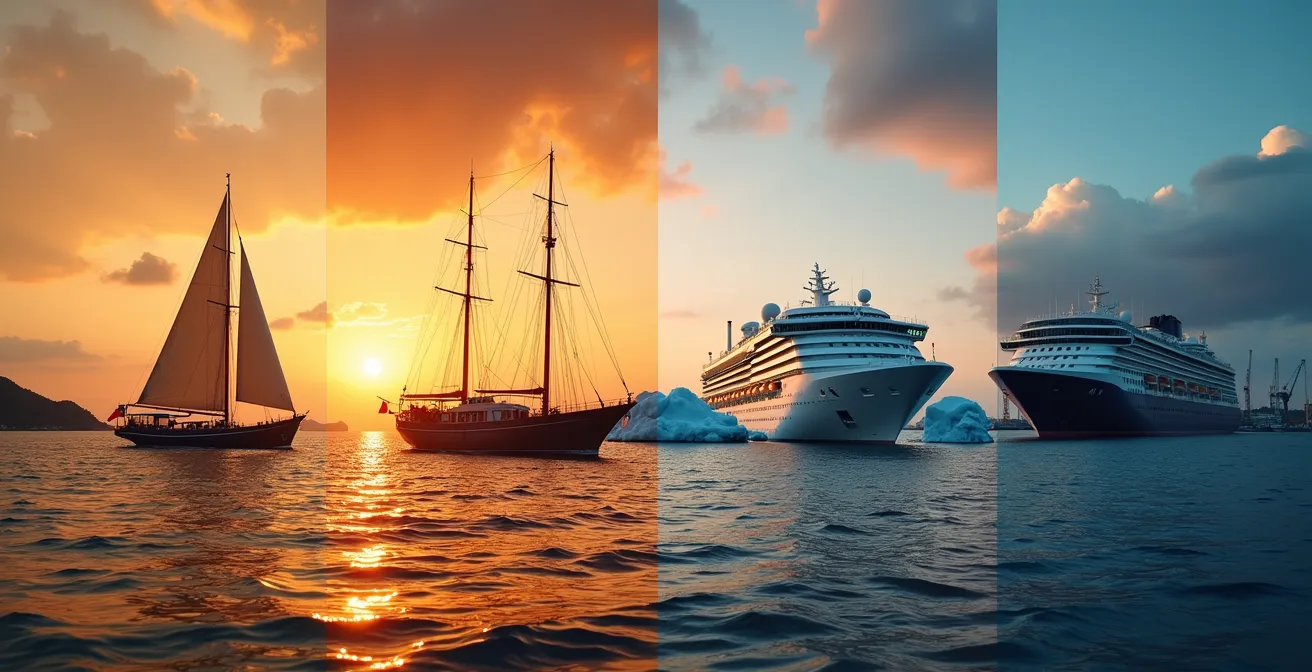 Verschiedene Kreuzfahrtschiffstypen in einer Collage-Darstellung, die unterschiedliche Reisephilosophien symbolisieren.