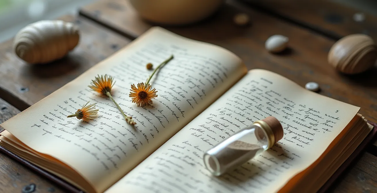Aufgeschlagenes Reisetagebuch mit gepressten Blumen, Sand und handgeschriebenen Notizen