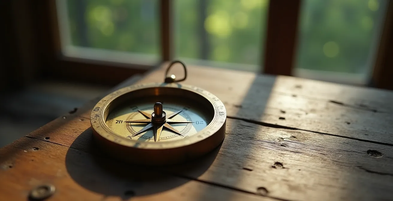 Metaphorischer Kompass der sieben Resilienz-Säulen, der Orientierung in stürmischen Zeiten bietet.