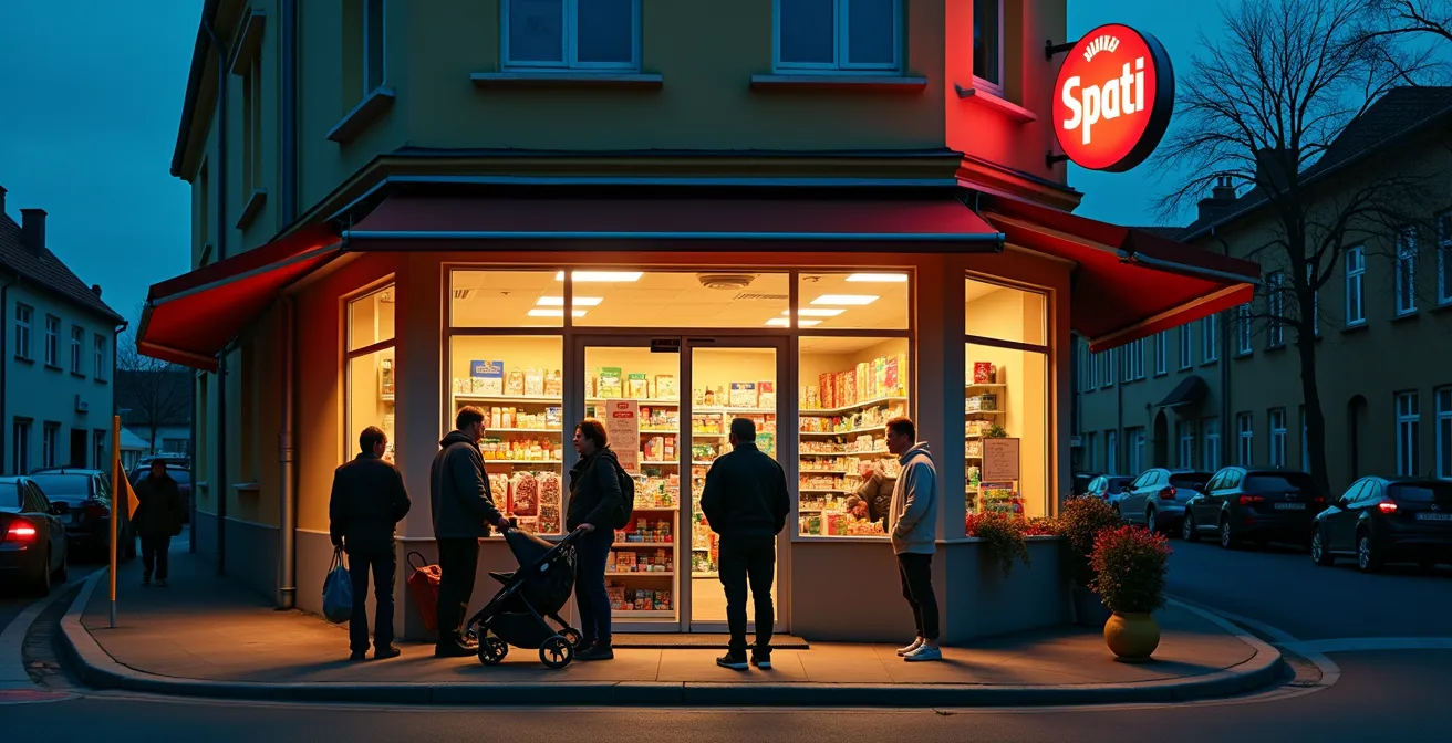 Belebter Spätkauf mit verschiedenen Generationen beim abendlichen Einkauf