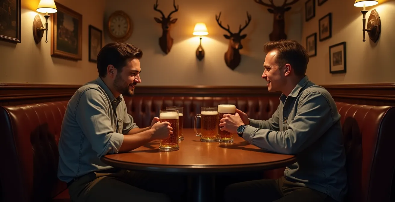 Gemütliche deutsche Gaststube mit traditionellem Stammtisch und lokalen Gästen beim geselligen Beisammensein