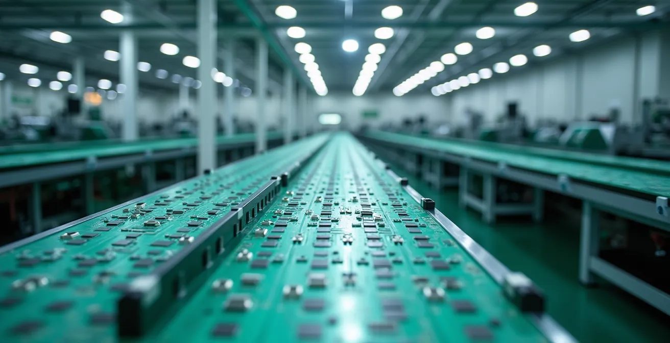 Moderne Fertigungshalle mit automatisierten PCB-Produktionslinien aus der Vogelperspektive