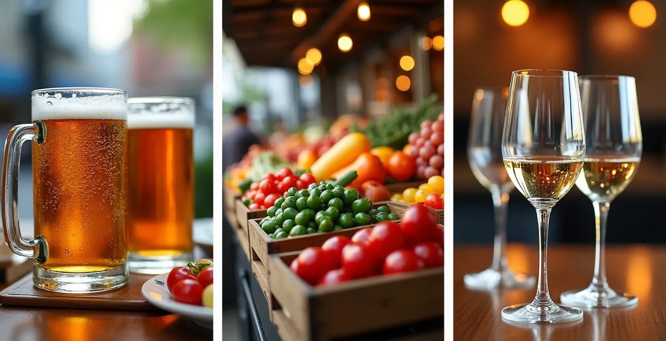Collage verschiedener Food-Tour-Momente: Bierverkostung, Marktbesuch und Restaurant