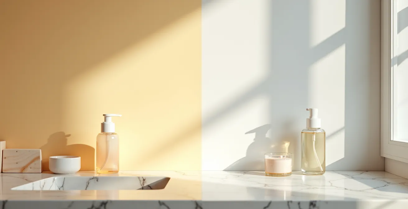 Minimalistische Darstellung einer Tag-Nacht-Hautpflegeroutine mit verschiedenen Wirkstoff-Texturen