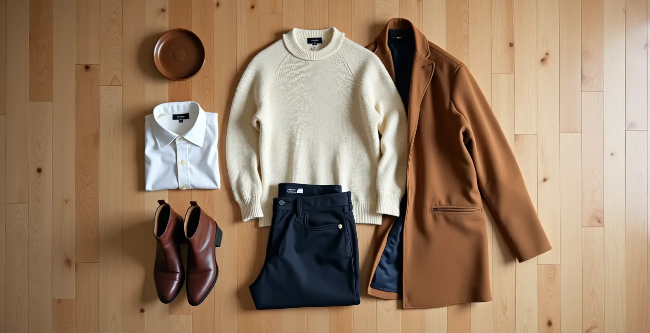 Minimalistische Anordnung klassischer Kleidungsstücke in neutralen Tönen