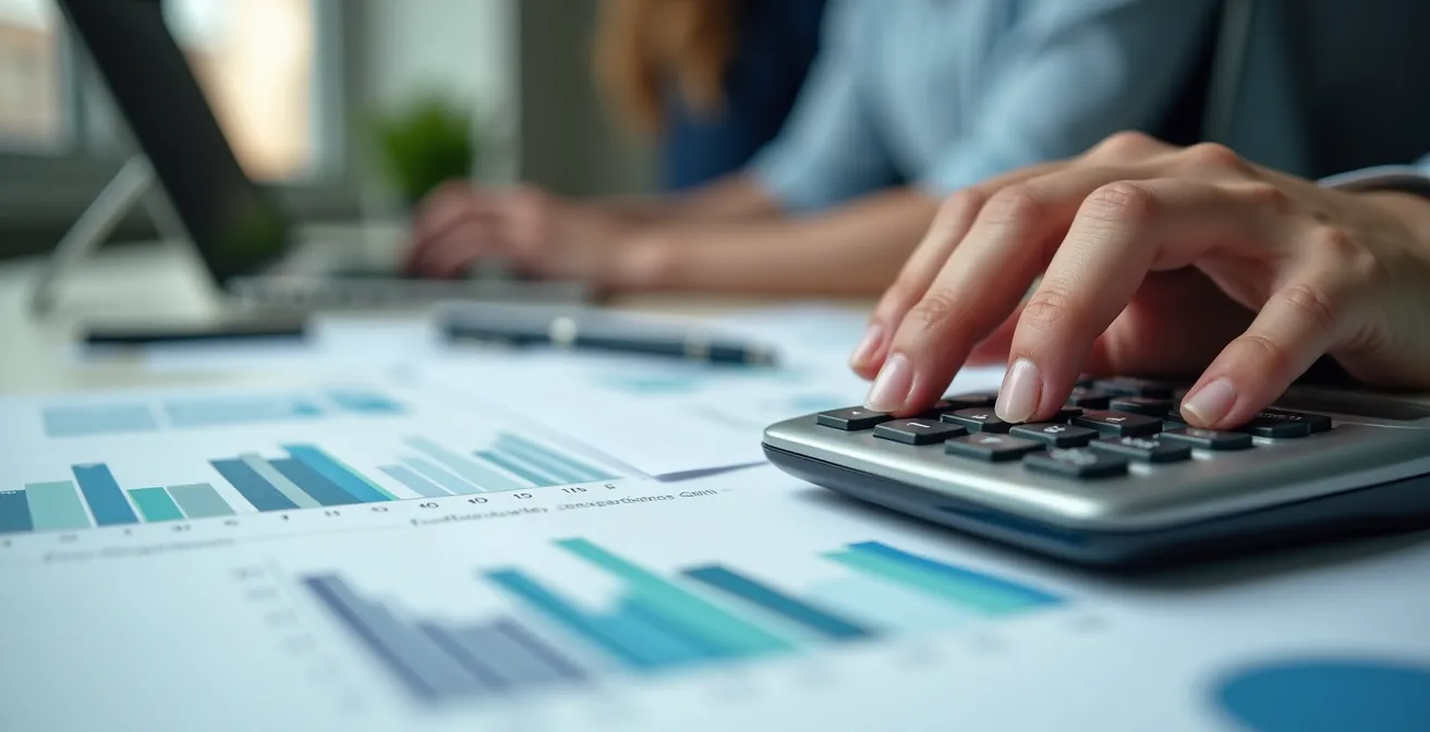 Detailaufnahme einer Budgetanalyse mit abstrakten Diagrammen und Kalkulationswerkzeugen