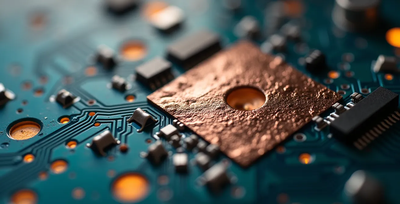 Mikroskopaufnahme zeigt fehlerhafte Mikrovia-Verbindung mit sichtbaren Defekten in der Kupfermetallisierung