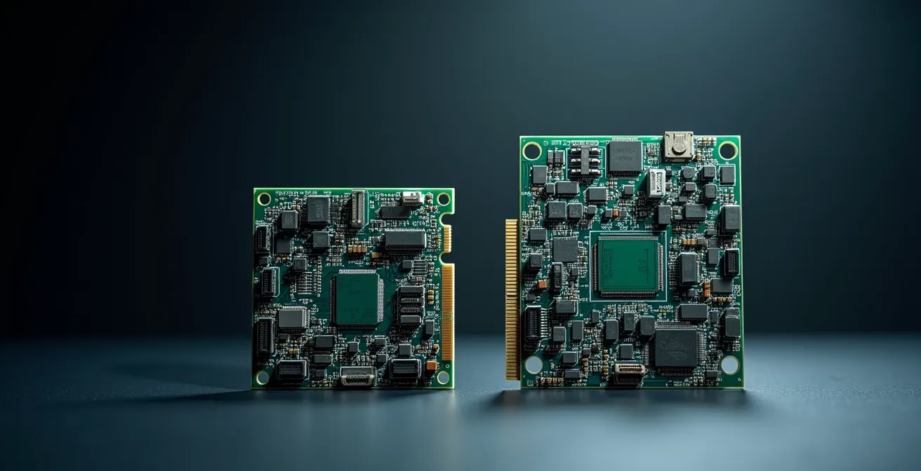 Querschnitt zeigt Lagenreduktion von Standard-Multilayer zu HDI-Bauweise mit sichtbaren Mikrovia-Verbindungen