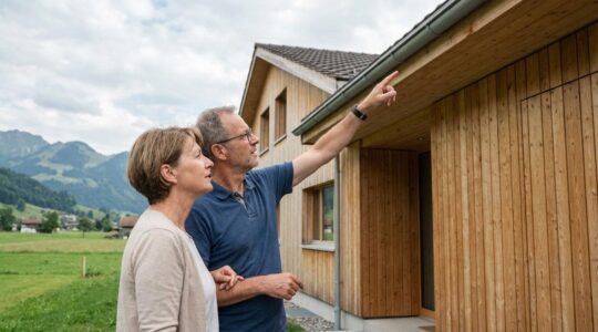 Kostenlose Immobilienbewertung Schweiz – Ehepaar betrachtet nachdenklich ein Einfamilienhaus
